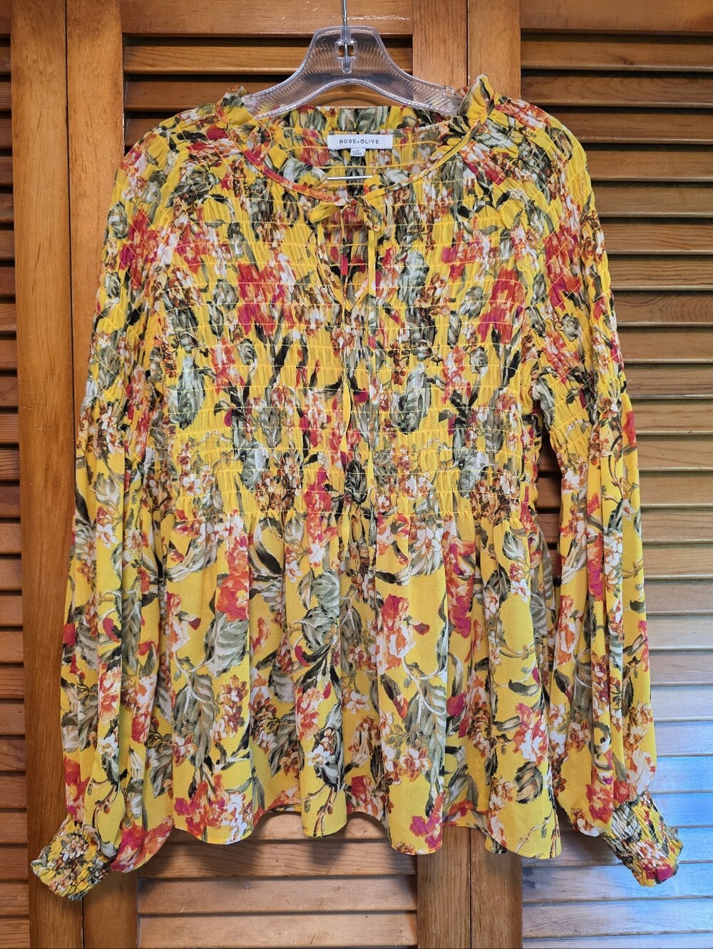 Rose & Olive Smocked Yellow Botanical/ Floral Print Women's Boho Blouse Size M